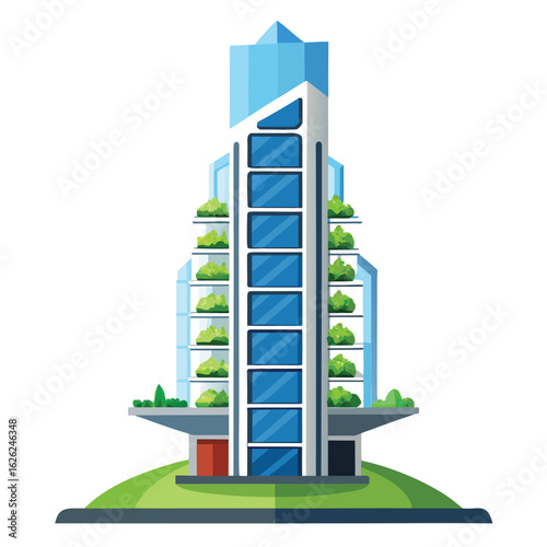 A futuristic skyscraper with a vertical farm integrated into the facade, a sustainable urban design.