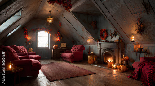 An old-fashioned attic room filled with the warm glow of a fireplace and candles, creating a cozy autumn retreat.