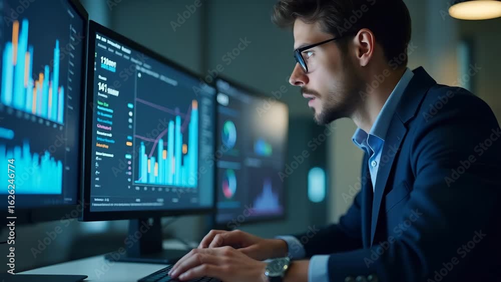 Businessman Analyzing SEO Search Engine Optimization Marketing Rankings and Website Traffic on Computer - Internet Business Technology Concept with Empty Space on Left