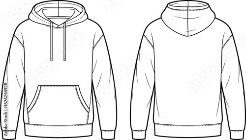 Front and back view, classic hoodie flat sketch, fashion vector template, drawstring hood, kangaroo pocket, cad apparel technical illustration