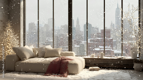 A sleek high-rise apartment with floor-to-ceiling windows offers a cozy view of a snowy cityscape during the festive holiday season.