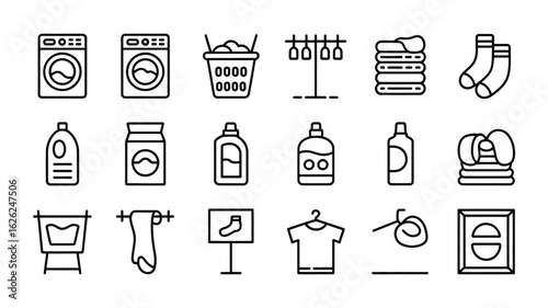 Collection of Black and White Laundry Icons Depicting Washing Machines Laundry Baskets Clothes Hangers Soaps Detergents and Socks