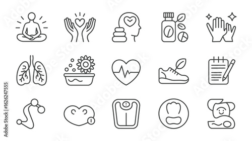 Collection of Black and White Line Art Icons Depicting Wellness Holistic Health Self Care Practices Including Yoga Meditation Heart Rate