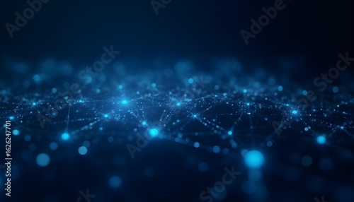 Abstract AI neural network visualization, interconnected glowing nodes and lines, dark background with electric blue highlights, tech vibe .