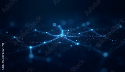 Abstract AI neural network visualization, interconnected glowing nodes and lines, dark background with electric blue highlights, tech vibe .