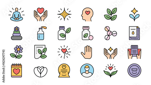 Collection of Colorful Wellness Icons Featuring Meditation Yoga Herbs Pills Supplements and Holistic Healthcare Symbols