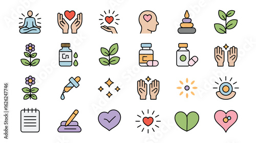 Collection of Colorful Wellness Icons Featuring Meditation Yoga Herbs Supplements Pills Hands Hearts and More in a Flat Line Art Style