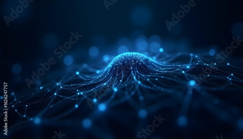 Abstract AI neural network visualization, interconnected glowing nodes and lines, dark background with electric blue highlights, tech vibe .