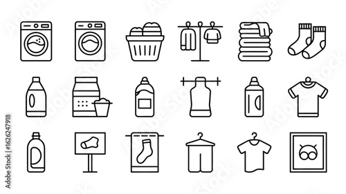 Collection of Laundry and Clothing Care Line Icons Washing Machine Clothes Dryer Detergent Fabric Softener Socks Towels T Shirt Hanger Drying