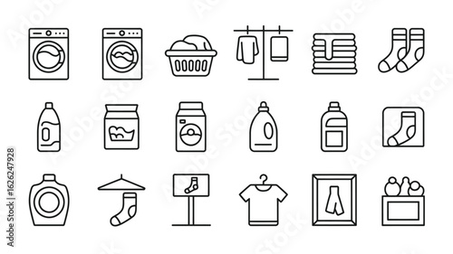 Collection of Laundry and Cleaning Related Line Icons Depicting Washing Machines Laundry Baskets Clothes Hangers Sockets Detergents and More