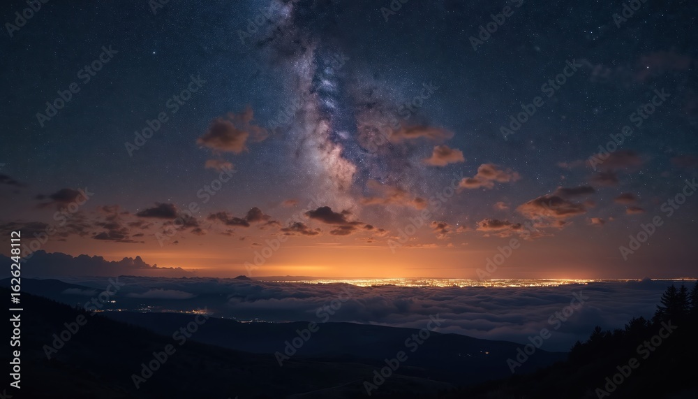 Fototapeta premium Night sky panorama shows Milky Way galaxy, stars, clouds above city lights and fog layer. Mountain landscape silhouette. Astrophotography captures celestial beauty and urban glow.