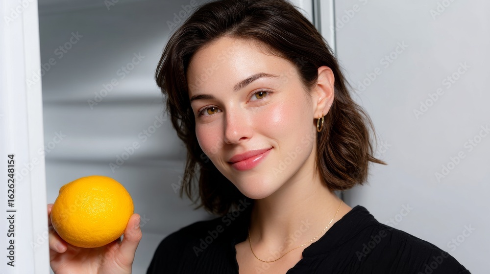 A young woman smiles while holding a bright orange in front of an open fridge. This image captures health and freshness. Ideal for wellness and food content. AI A young woman smiles while holding a bright orange in front of an open fridge. This image captures health and freshness. Ideal for wellness and food content. AI