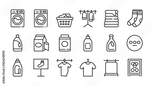 Collection of Laundry Related Line Icons Depicting Washing Machines Laundry Baskets Clothes Hangers Detergents Fabric Softeners Socks and