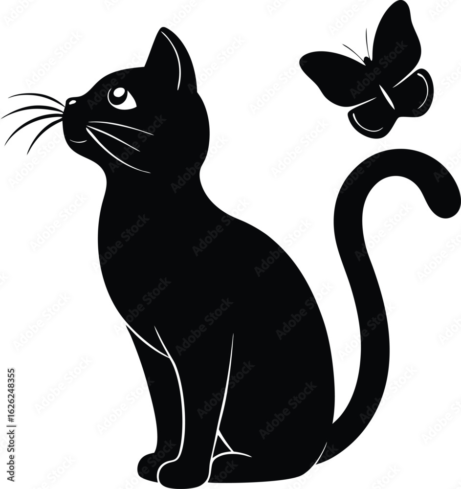 Fototapeta premium black silhouette a cat with butterfly on nose on w.eps