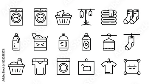 Collection of Laundry Related Line Icons Depicting Washing Machines Laundry Baskets Clothes Hangers Sockets Detergents and Drying Racks in 1