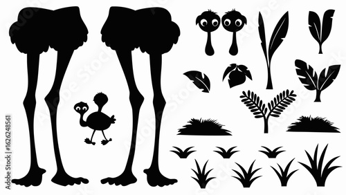 Silhouette illustration of ostriches, plants, and grass in a black and white design element scene