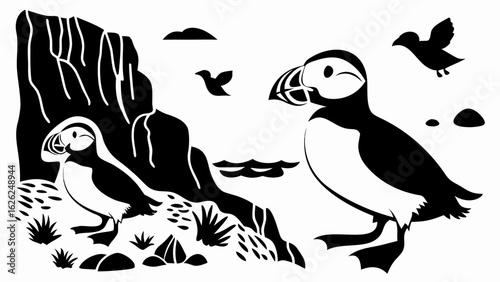 Two puffins near a rocky cliff with birds flying above the sea in a black and white illustration silhouette