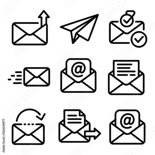 Set of various email icons for digital communication and messaging representing sending receiving and confirmation of emails