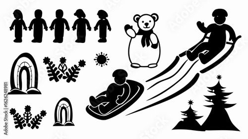Black and white winter scene with people sledding, a teddy bear, trees, and abstract floral designs silhouette