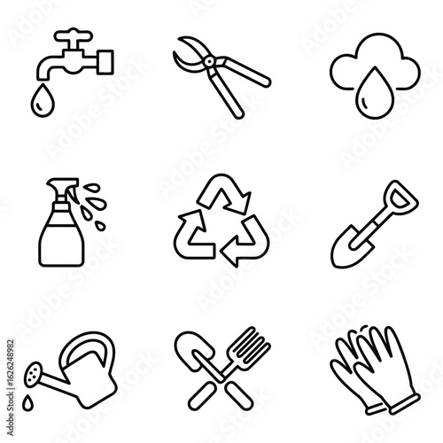 Photo of a collection of essential gardening icons, including a faucet, sprayer, watering can, shovel, rake, gloves, and recycling symbol