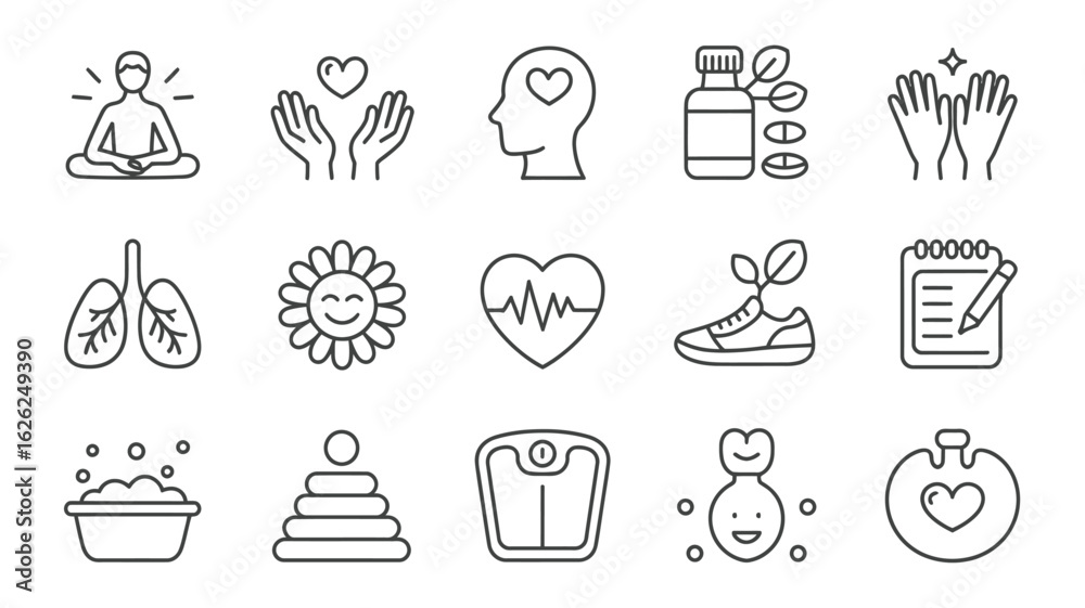Fototapeta premium Collection of Wellness Icons Black Line Art Graphics Healthy Lifestyle Symbols Yoga Meditation Heartbeat Lungs Sunflower Pills Fitness