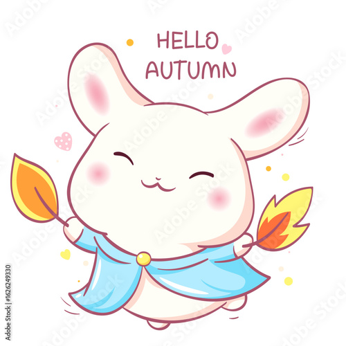 Hello autumn. Square card with kawaii little bunny in raincoat. Cute Baby rabbit in slicker of blue color. Can be used for t-shirt print, sticker, seasonal greeting card. Vector illustration EPS8