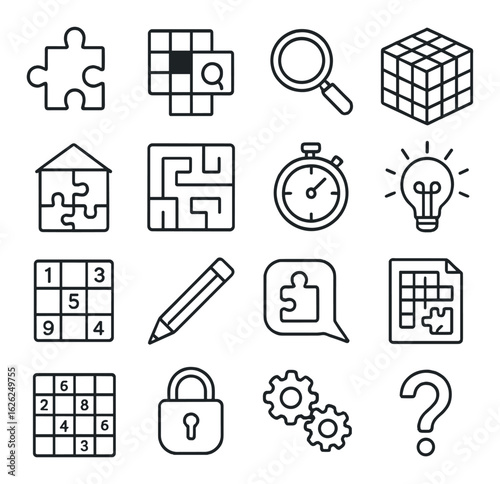 Puzzle and brain games icons: jigsaw, sudoku, maze, stopwatch, lightbulb, lock, gear, cube