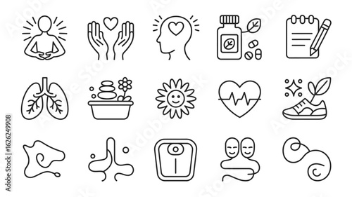 Collection of Wellness Icons Line Art Graphics Black and White Simple Minimalist Style Health Symbols Set for Website App Design