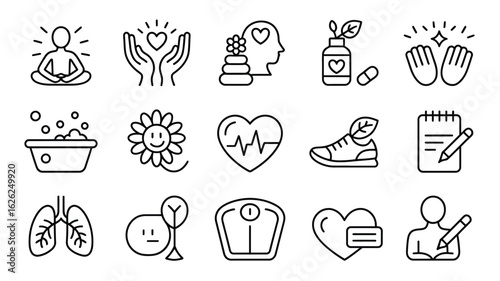 Collection of Wellness Icons Line Art Black and White Symbols Representing Healthy Lifestyle Choices Yoga Meditation Heart Rate Mindfulness