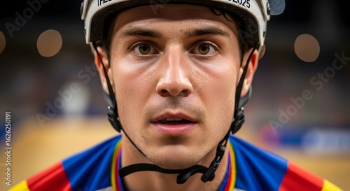 Portrait of a focused young male cyclist champion wearing a helmet and medal, showing determination and intensity.