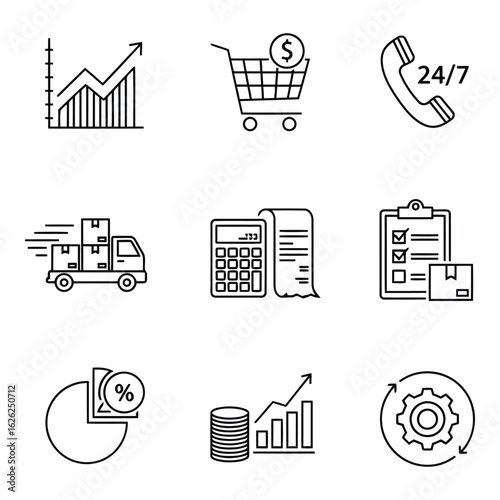 Photo of a collection of business and finance icons representing growth, sales, delivery, and customer service