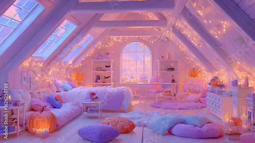 A dreamy pastel-toned attic bedroom decorated in soft pink and lilac hues, illuminated by glowing fairy lights for a cozy ambiance.