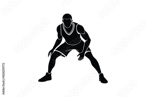 Silhouette art illustration of a basketball player in defensive stance.eps