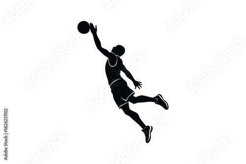 Silhouette art illustration of a basketball player jumping for a slam dunk.eps