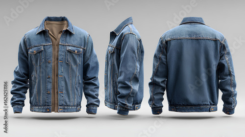 Blue denim jacket mockup with front, side, and back views isolated on a neutral background for fashion apparel presentation.