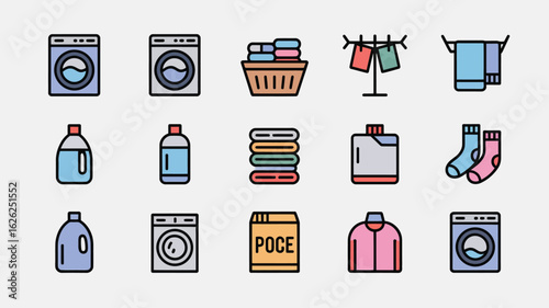 Colorful Laundry Day Icons Set Featuring Washing Machines Clothes Detergents Socks and Drying Rack