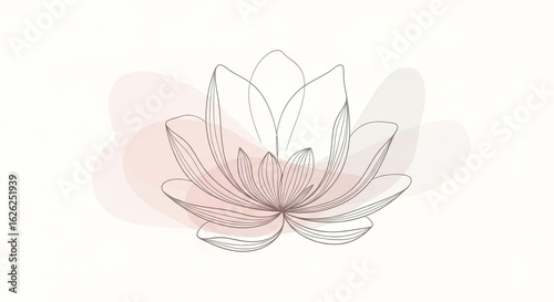 Elegant line art drawing of a lotus flower with abstract, soft pastel shapes on a light background.