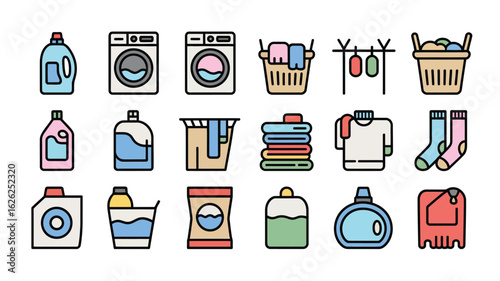 Colorful Laundry Icons Set Featuring Washing Machines Detergents Clothes Basket Socks and More in a Flat Cartoon Style