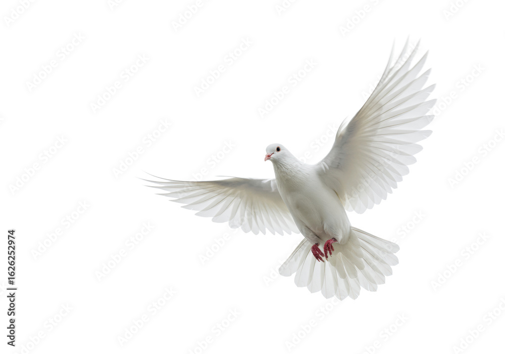 Fototapeta premium A transparent dove with extended wings flying forward, against a bright white studio background with copy space, conveying new beginnings and optimism concept
