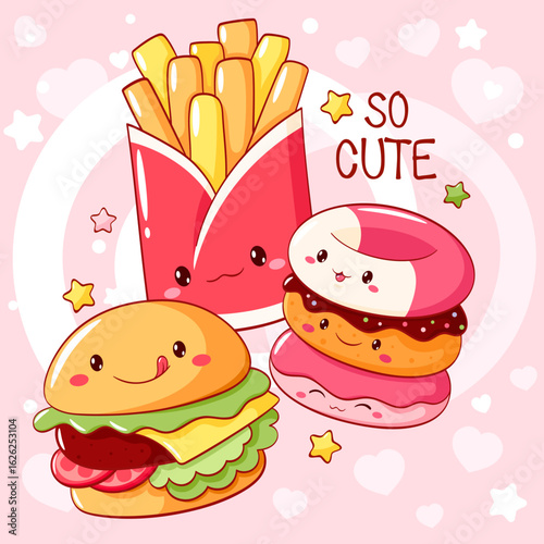 Best friends forever. Collection of cute fast food items characters. Burger, french fries, donuts in kawaii style. Can be used for t-shirt print, sticker, greeting card. Vector illustration EPS8