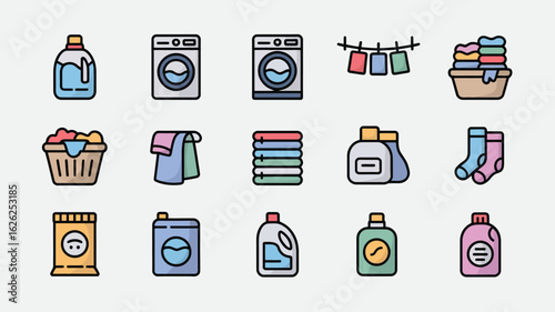 Colorful Laundry Icons Set Washing Machine Clothes Basket Detergent Soap Powder Towels Socks Laundry Day Cleaning Supplies Household Items