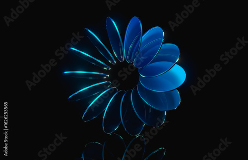 Abstract dynamic layered transparent crystal glass on dark background. 3d rendering