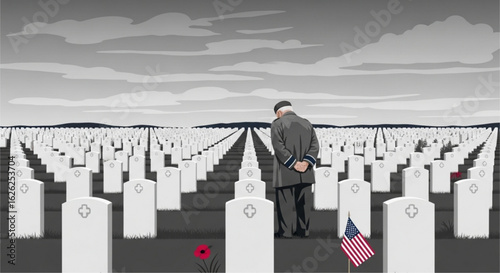 Solemn Remembrance: A Veteran's Tribute in a Sea of Headstones Under a Grey Sky