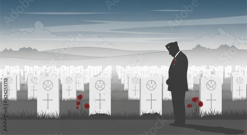 Solemn remembrance: soldier pays tribute at military cemetery with poppies honoring fallen heroes