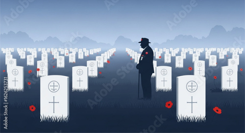 Solemn Remembrance: Veteran Honors Fallen Comrades in Tranquil Cemetery Landscape