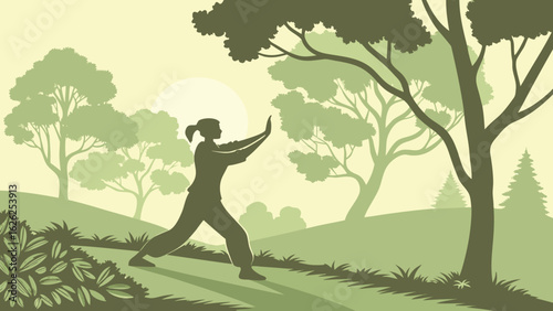 Tai Chi Practice at Sunrise Vector