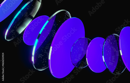 Abstract dynamic layered transparent crystal glass on dark background. 3d rendering