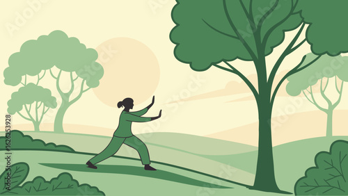 Tai Chi Practice at Sunrise Vector