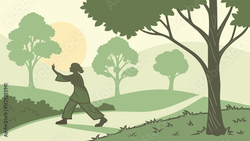 Tai Chi Practice at Sunrise Vector