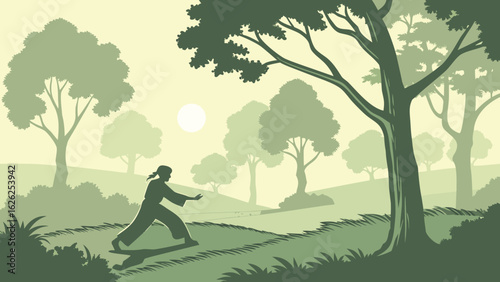 Tai Chi Practice at Sunrise Vector